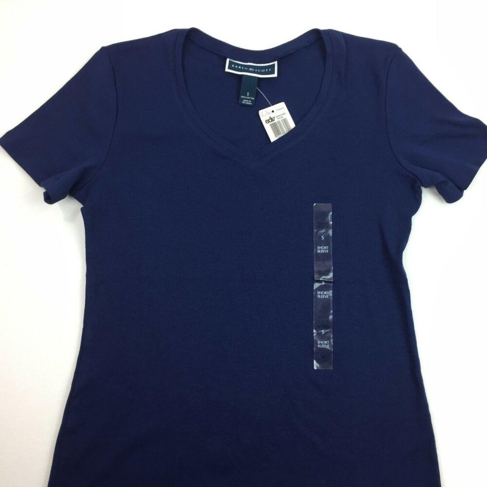 Macy's Karen Scott Women's Dark Blue Short Sleeve V-Neck Tee Top T-Shirt Small